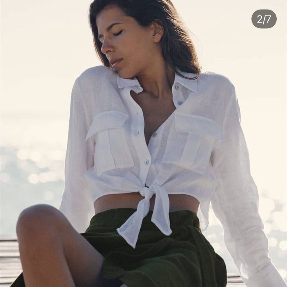Zara White Linen Button Up Crop Tie Front Blouse Medium